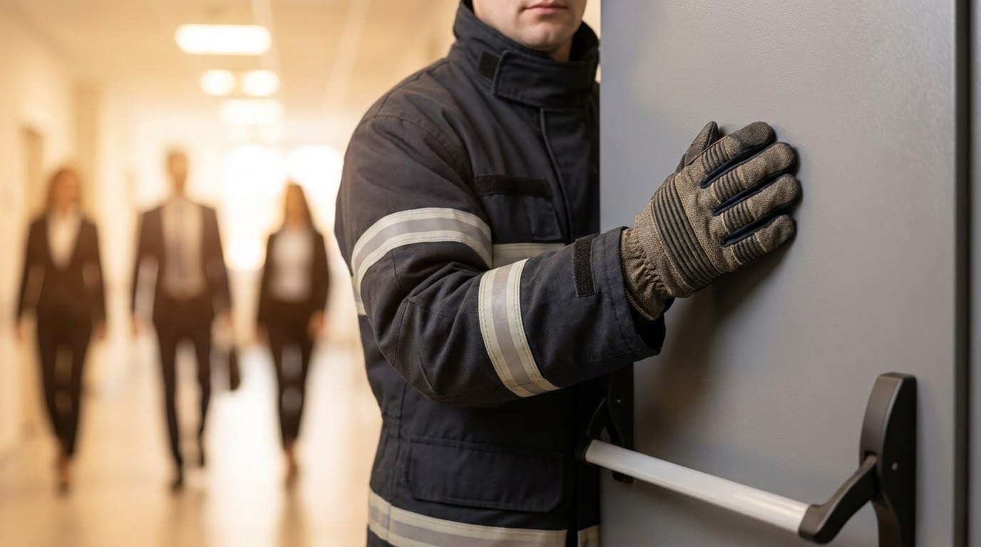 Інспектор перевіряє працездатність сертифікованих протипожежних дверей в офісі.