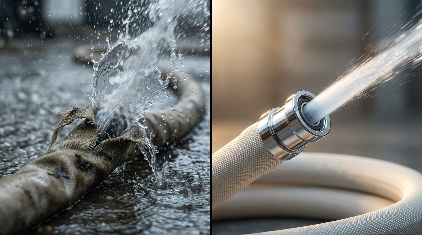 Порівняння пошкодженого пожежного рукава з витоком та нового якісного протипожежного обладнання