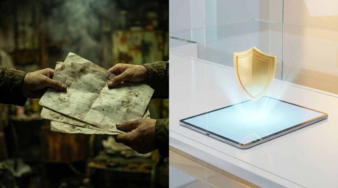 Порівняння: старі паперові документи в руках проти сучасного планшета з золотим щитом, що символізує електронну перевірку сертифікатів пожежної безпеки