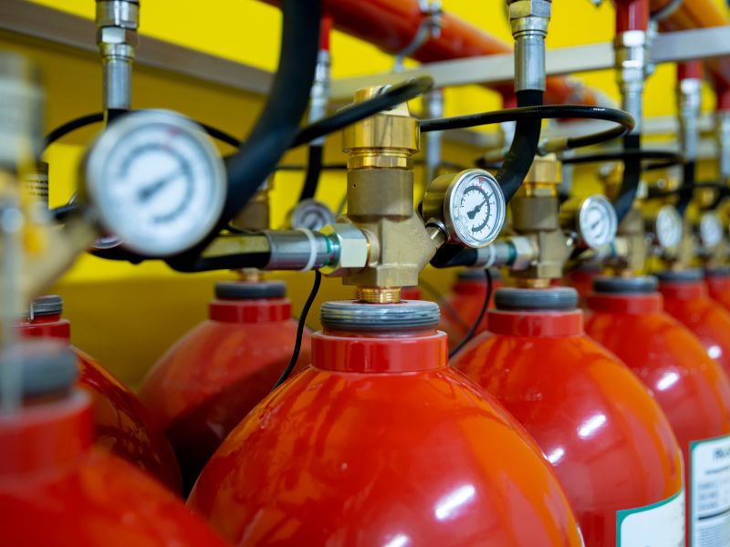 Червоні юалони-вогнегасники стоять в ряд на виробництві, близько в кадрі та у фокусі манометри, що показують тиск у цих балонах і чорні трубки. На фоні є жовта стіна та видно червоні труби.