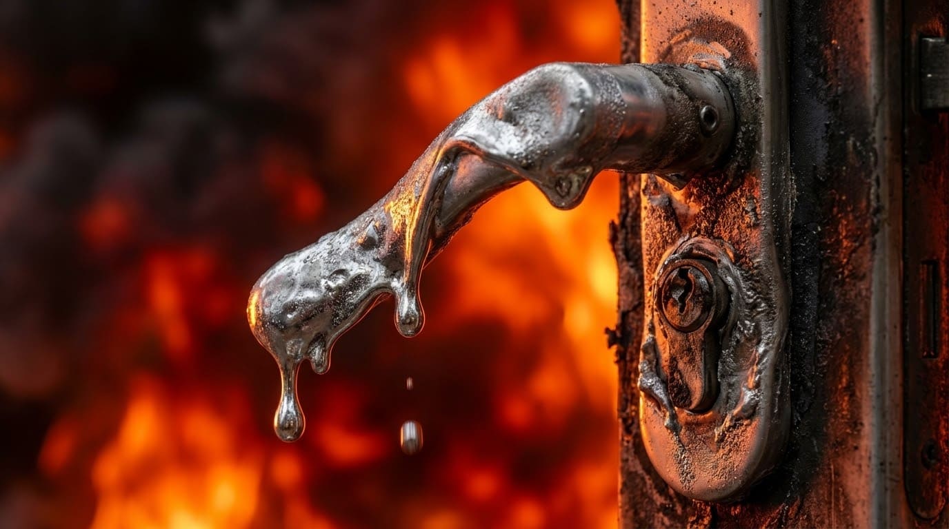 Макросъемка металлической дверной ручки, которая плавится и стекает каплями под воздействием огня на фоне сильного пожара