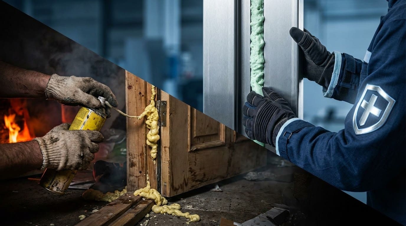 Порівняння нанесення побутової та професійної вогнестійкої монтажної піни на дверний блок.