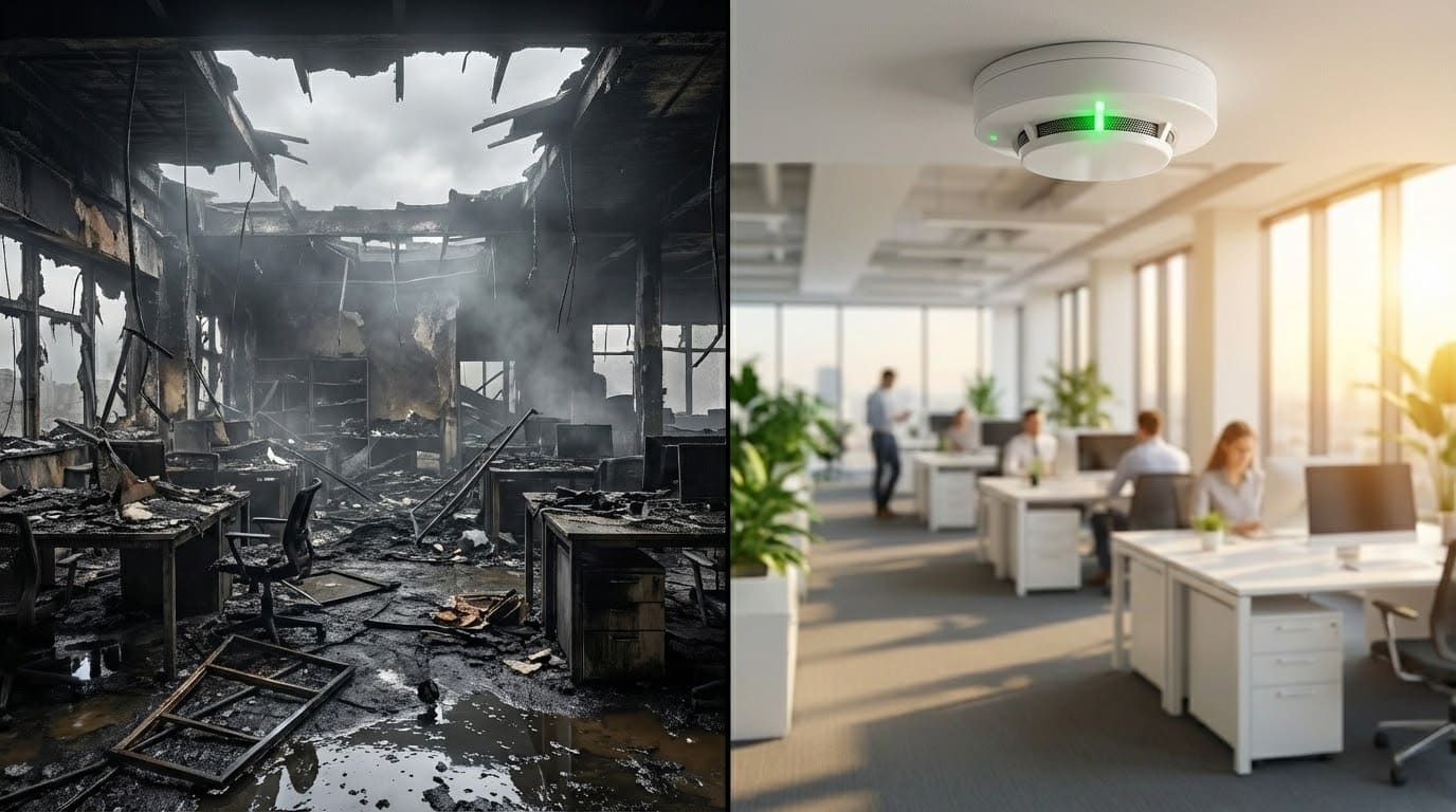 Сравнение сгоревшего офиса и безопасного помещения с системой пожарной сигнализации.