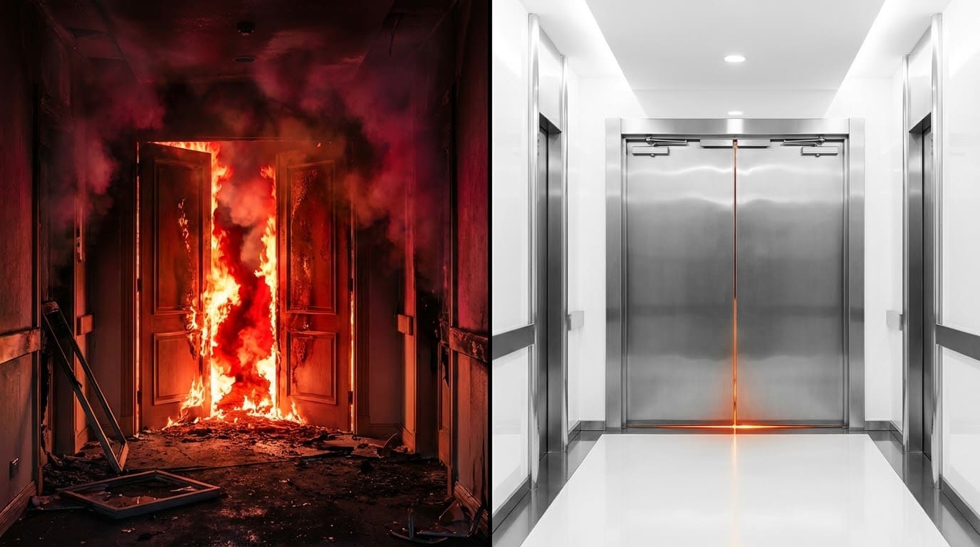 Сравнение коридора после пожара: сгоревшие обычные двери против целых противопожарных дверей