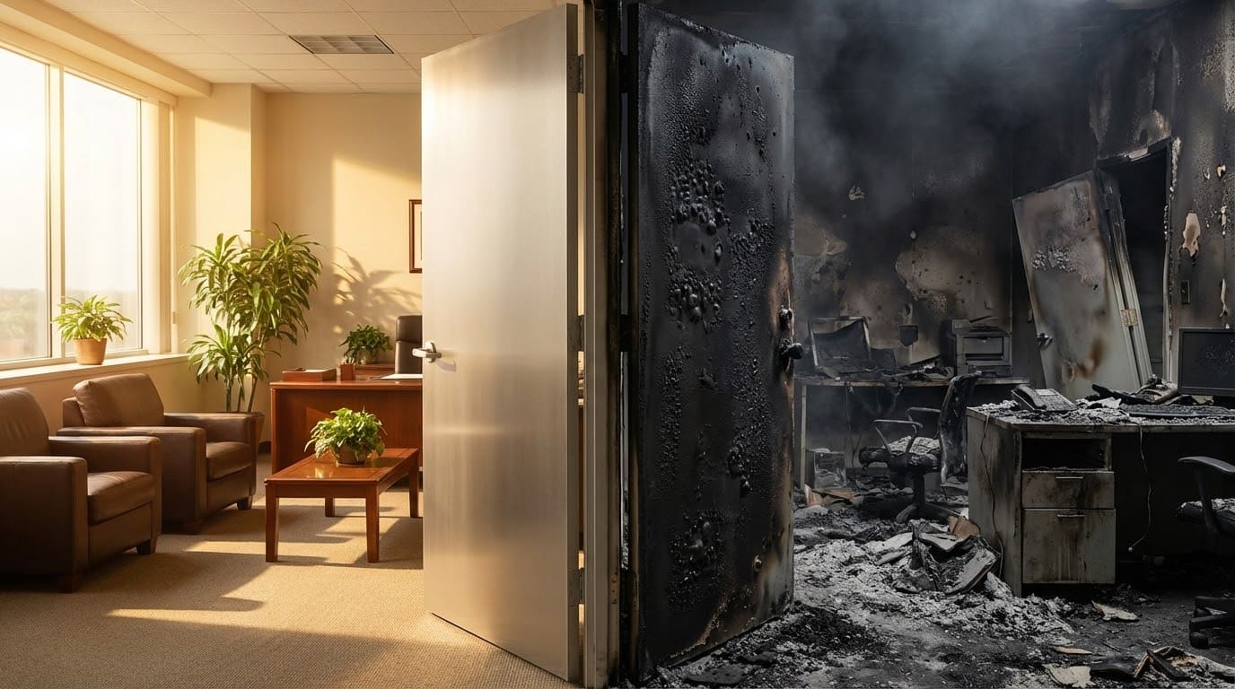 Сравнение офисного помещения до и после пожара с противопожарной дверью посередине