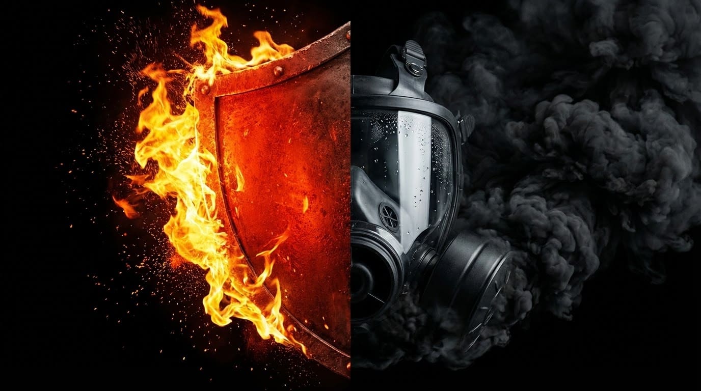 Порівняння функцій протипожежних дверей: щит як символ вогнестійкості EI та протигаз як символ димонепроникності S