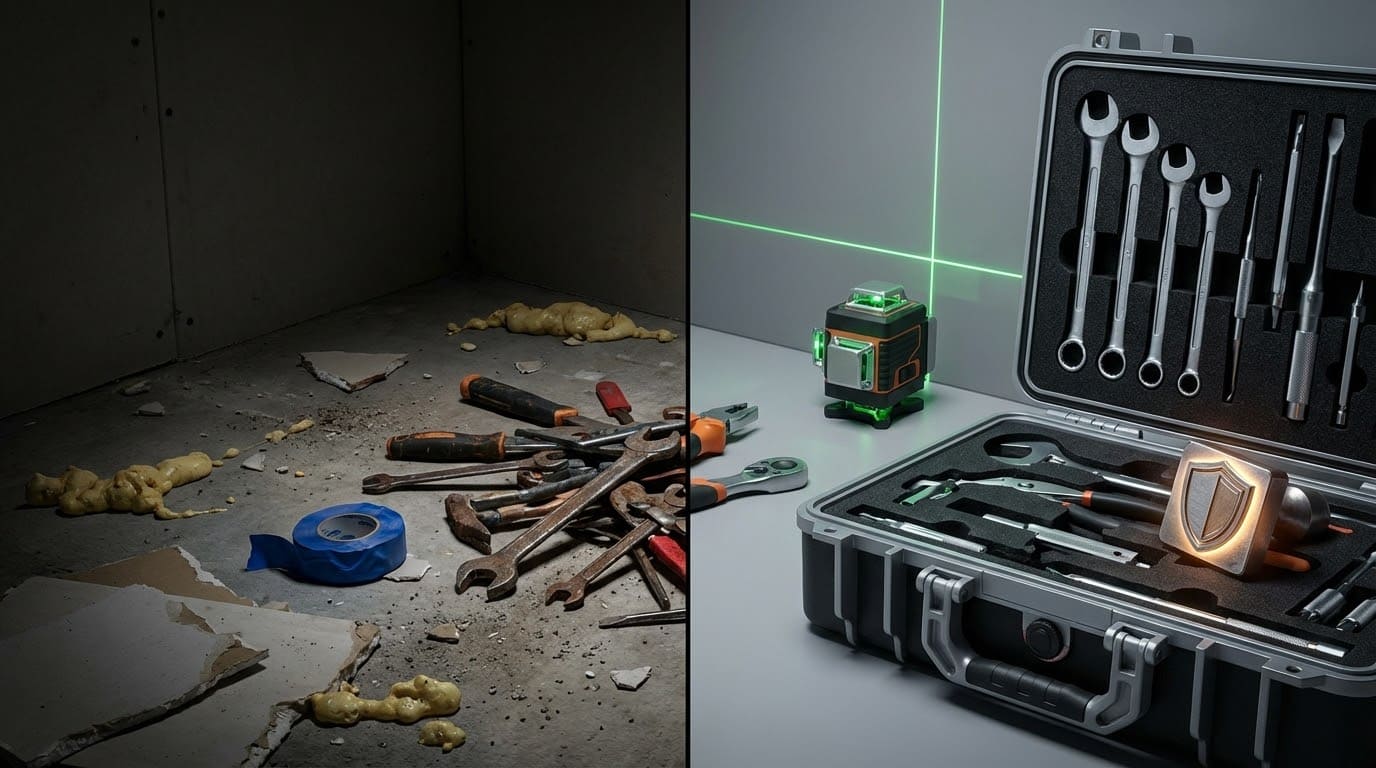 Коллаж сравнения: слева грязный пол с разбросанными старыми ключами и остатками монтажной пены, справа — чистый кейс с профессиональным инструментом и работающим лазерным уровнем