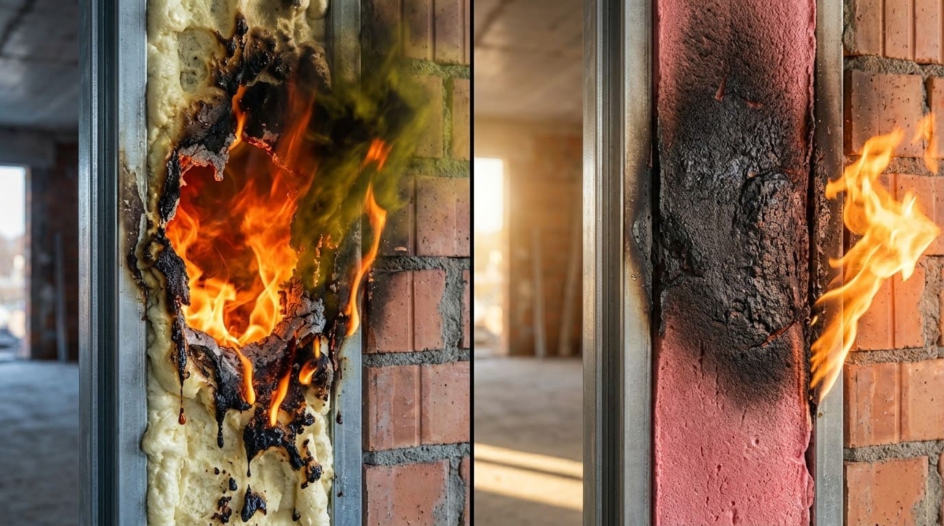 Визуальное сравнение двух типов монтажной пены после воздействия открытого огня: обычная пена сгорела, образовав отверстие, противопожарная пена сдержала пламя