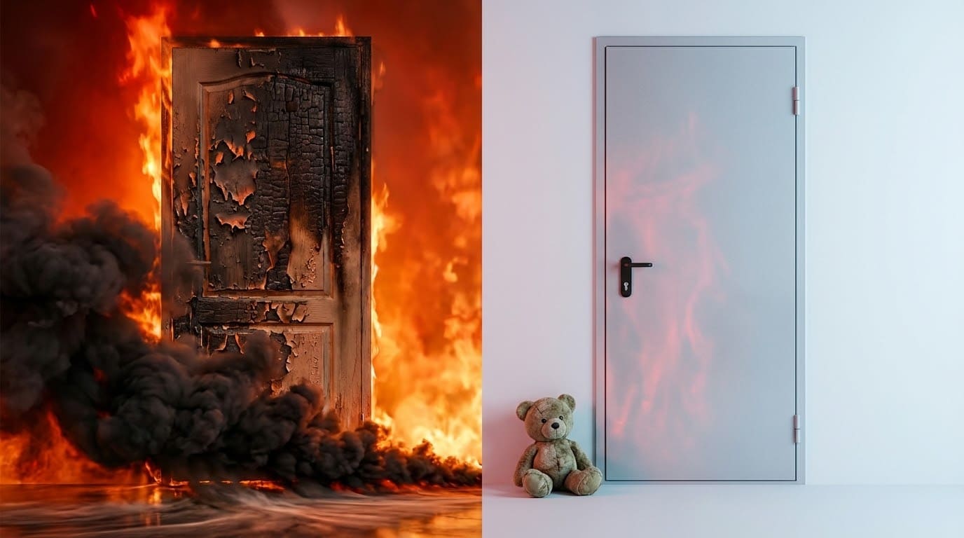 Коллаж: слева деревянная дверь полностью охвачена огнем и черным дымом, справа — металлическая противопожарная дверь сдерживает пожар, защищая чистую детскую комнату