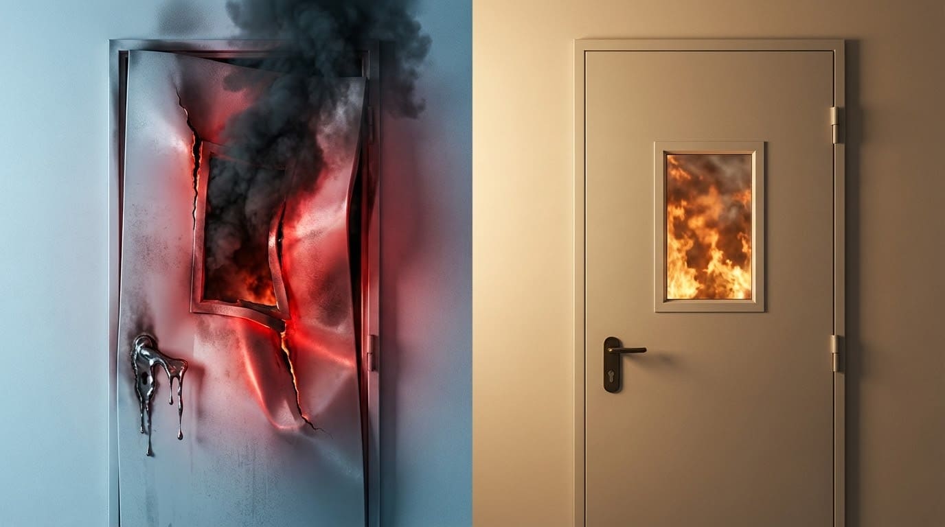 Порівняльне фото: зліва металеві двері деформовані вогнем, справа — цілі протипожежні двері з вікном, що стримують пожежу