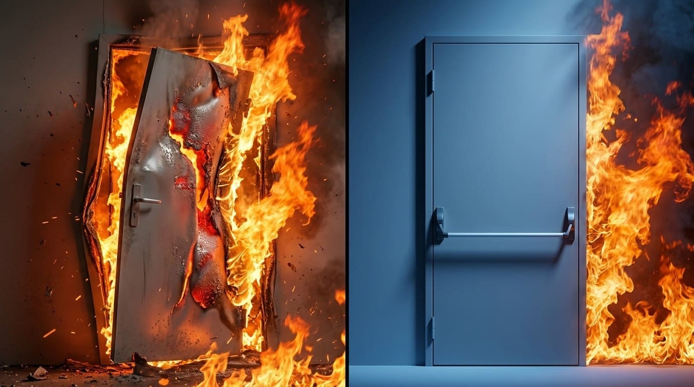 Порівняння деформації звичайних металевих дверей та вогнестійкості сертифікованих протипожежних дверей під час пожежі