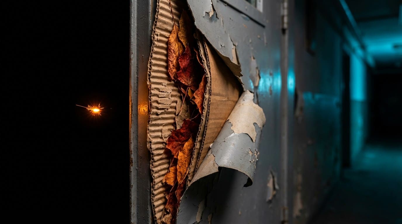 Нарушение правил пожарной безопасности: загромождение пожарного выхода горючим мусором и картоном