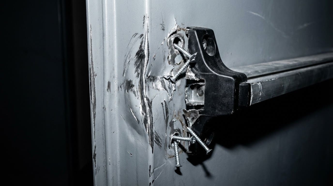 Детальний вигляд вирваного кріплення ручки антипаніка на металевих дверях із пошкодженим полотном та зігнутими саморізами