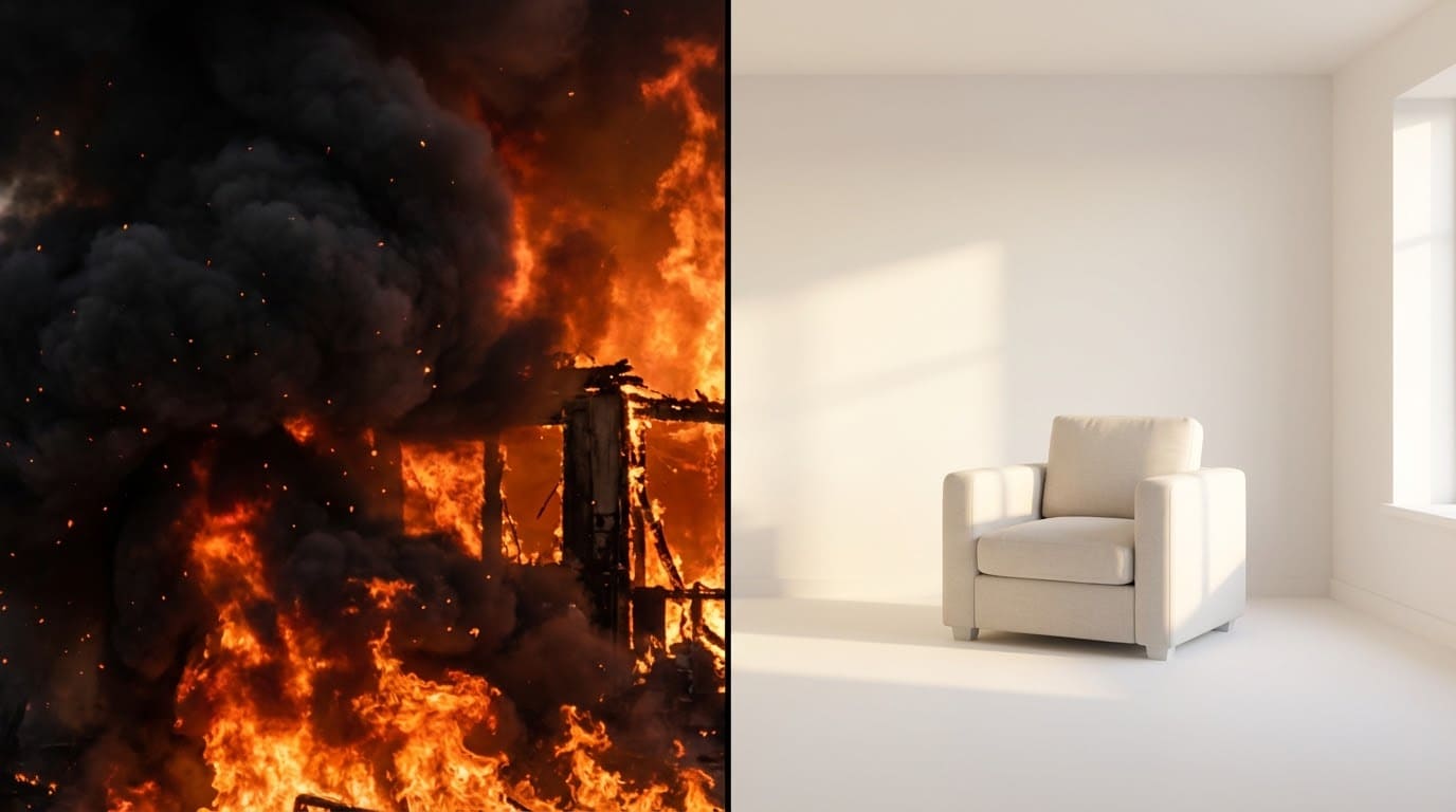 Коллаж: слева горящее деревянное строение с густым черным дымом, справа светлая минималистичная комната с креслом, как символ безопасности и защищенности от огня