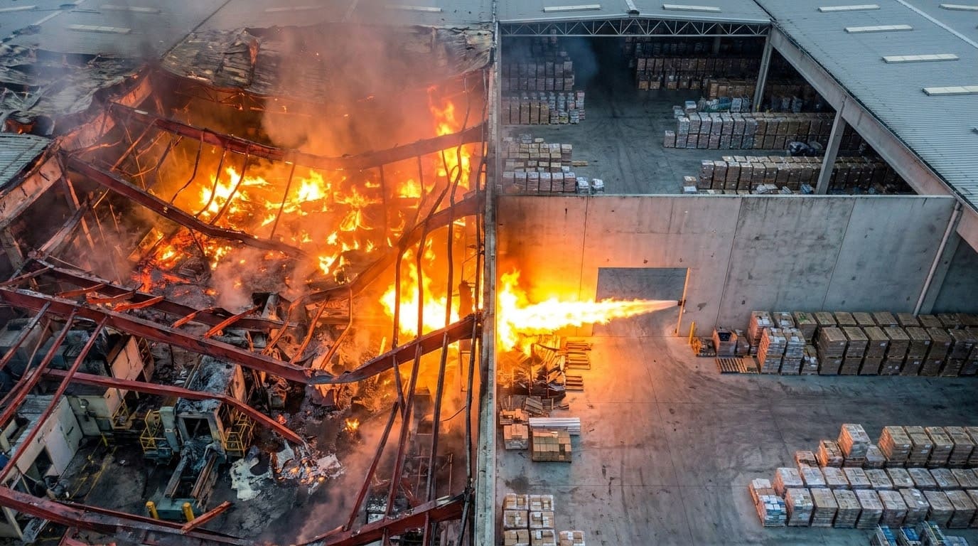 Пожежа на промисловому складі з обваленням металевих конструкцій покрівлі.