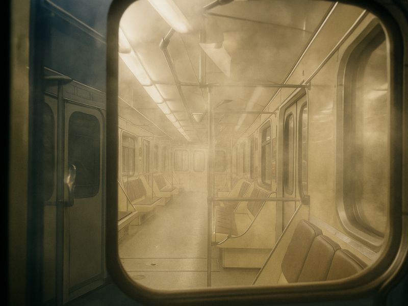 Зображено вагон київського метро всередині. У вагоні зовсім пусто, але присутнє задимлення.
