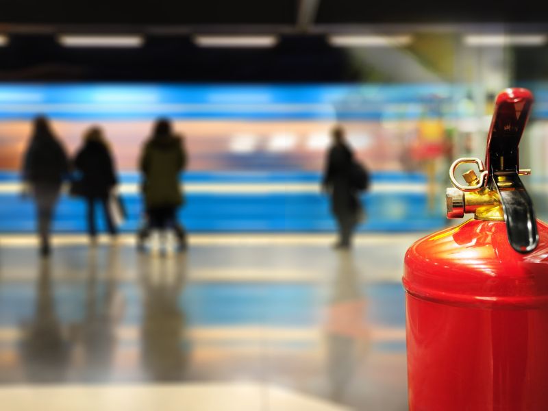 Зображено вагон київського метро та людей на платформі. На передньому плані у фокусі вогнегасник червоного кольору.