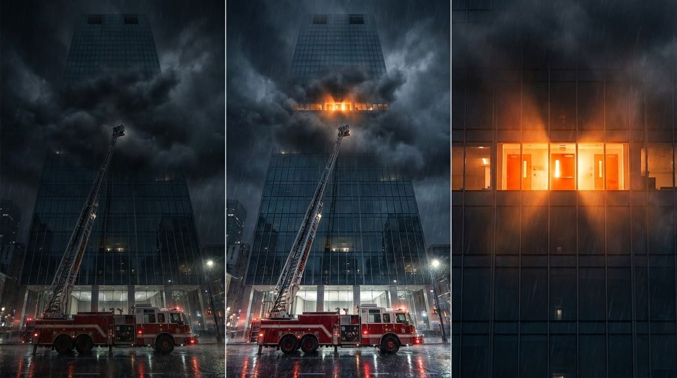 Пожарная машина с развернутой лестницей у стеклянного небоскреба ночью, огнестойкие двери сдерживают пламя внутри этажа