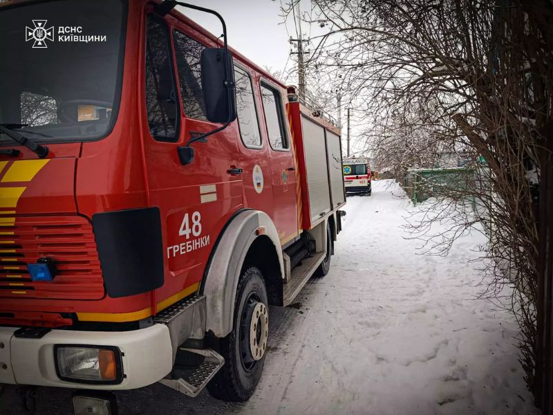 Красная пожарная машина с надписью «48 ГРЕБИНКИ» и карета скорой помощи на заснеженной дороге в частном секторе.