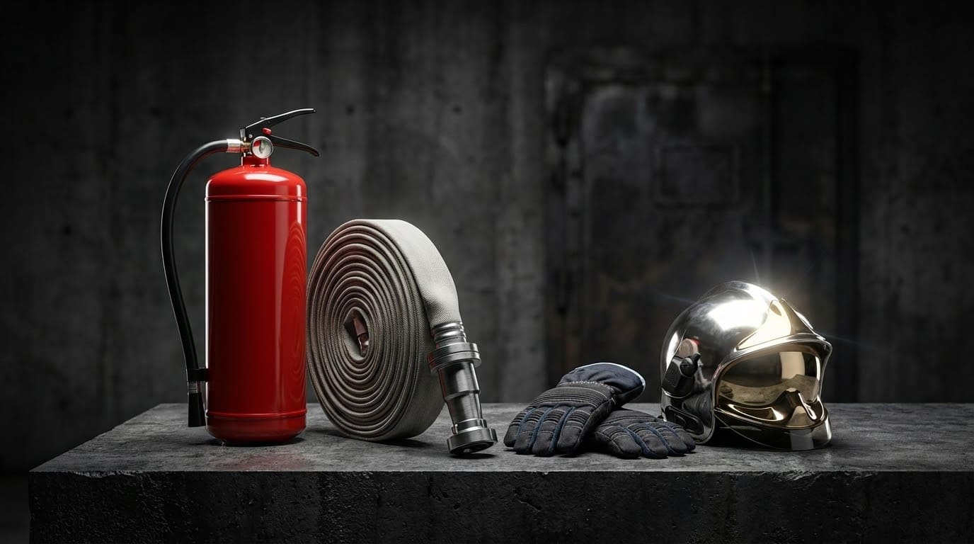 Комплект пожарного оборудования: огнетушитель, пожарный рукав и каска на сером фоне