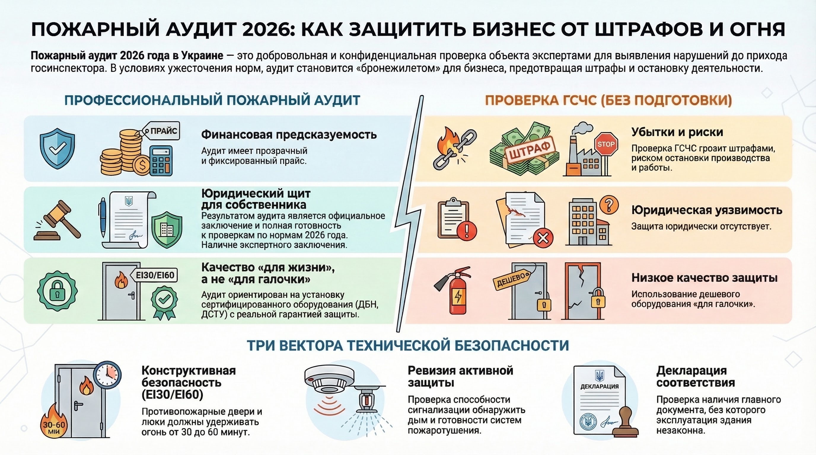 Инфографика сравнения пожарного аудита 2026 и проверки ГСЧС. Описаны финансовые риски госинспекции против прозрачного прайса аудита. Указаны ключевые зоны: конструктивная безопасность EI30/EI60, расчет категорий опасности и проверка систем сигнализации и пожаротушения.