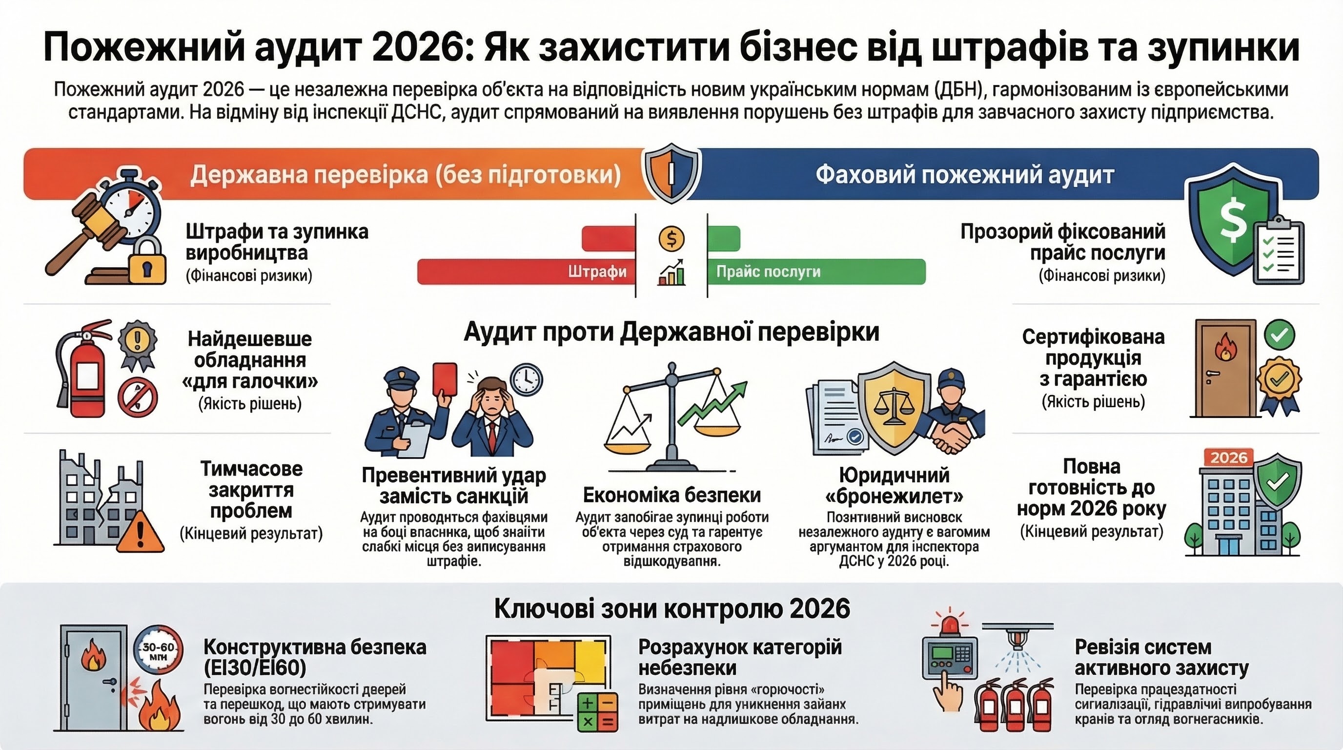 Інфографіка порівняння пожежного аудиту 2026 та перевірки ДСНС. Описані фінансові ризики держінспекції проти прозорого прайсу аудиту. Вказані ключові зони: конструктивна безпека EI30/EI60, розрахунок категорій небезпеки та перевірка систем сигналізації й пожежогасіння.