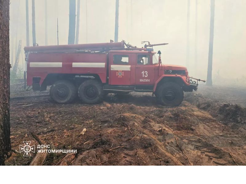 Пожежний автомобіль спецтехніки ДСНС пересувається мінералізованою смугою під час моніторингу та ліквідації лісової пожежі на Житомирщині.