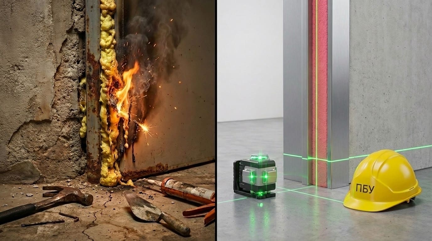 Колаж: зліва палаюча звичайна піна на іржавих дверях, справа — професійний монтаж дверної коробки з лазерною розміткою та захисною каскою ПБУ