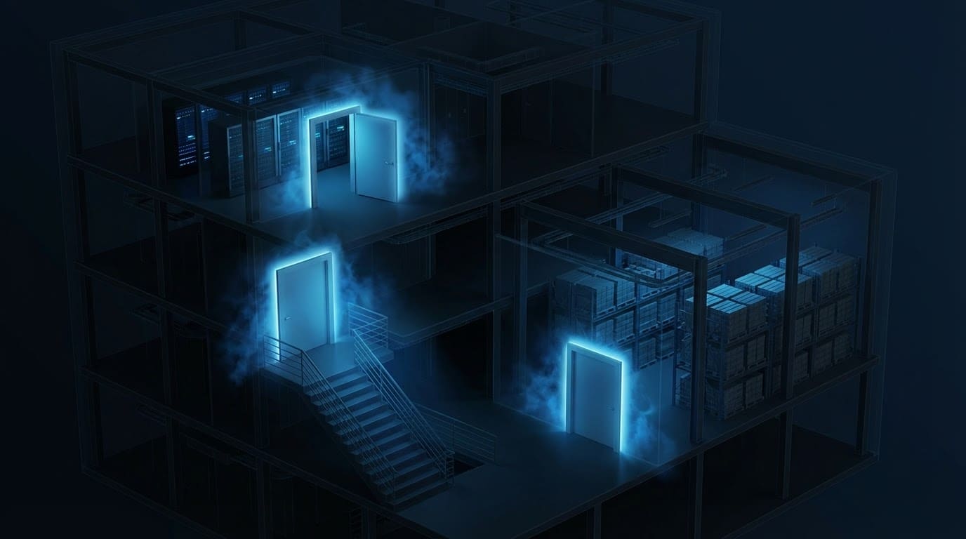 3D-модель будівлі з виділеними зонами протипожежних перешкод та вогнестійких дверей