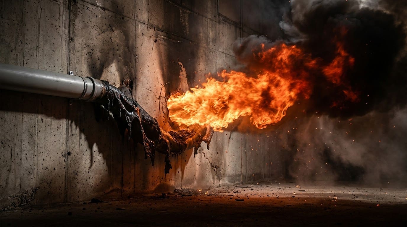 Прорив полум'я та токсичного диму крізь незахищений вузол проходу пластикової труби у стіні