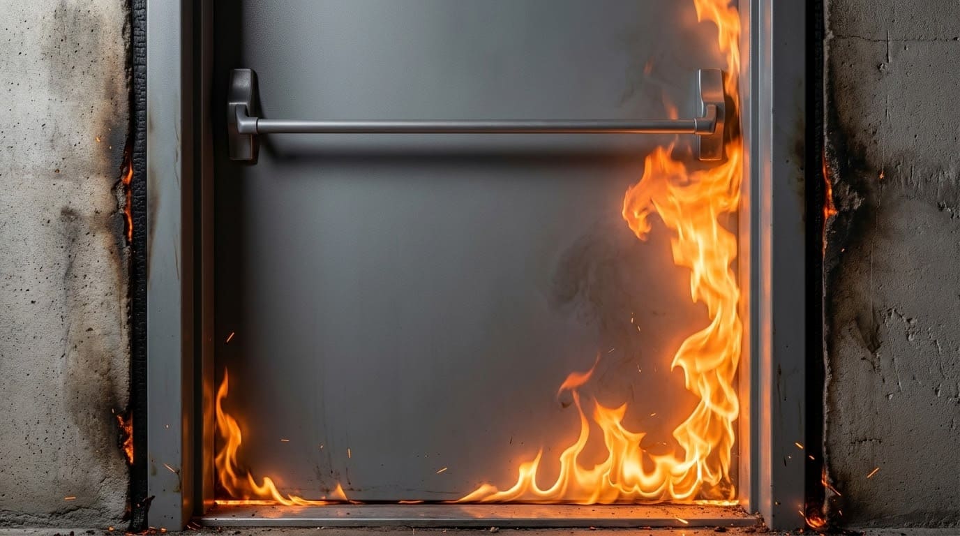 Прорив полум'я через монтажні шви протипожежних дверей під час пожежі