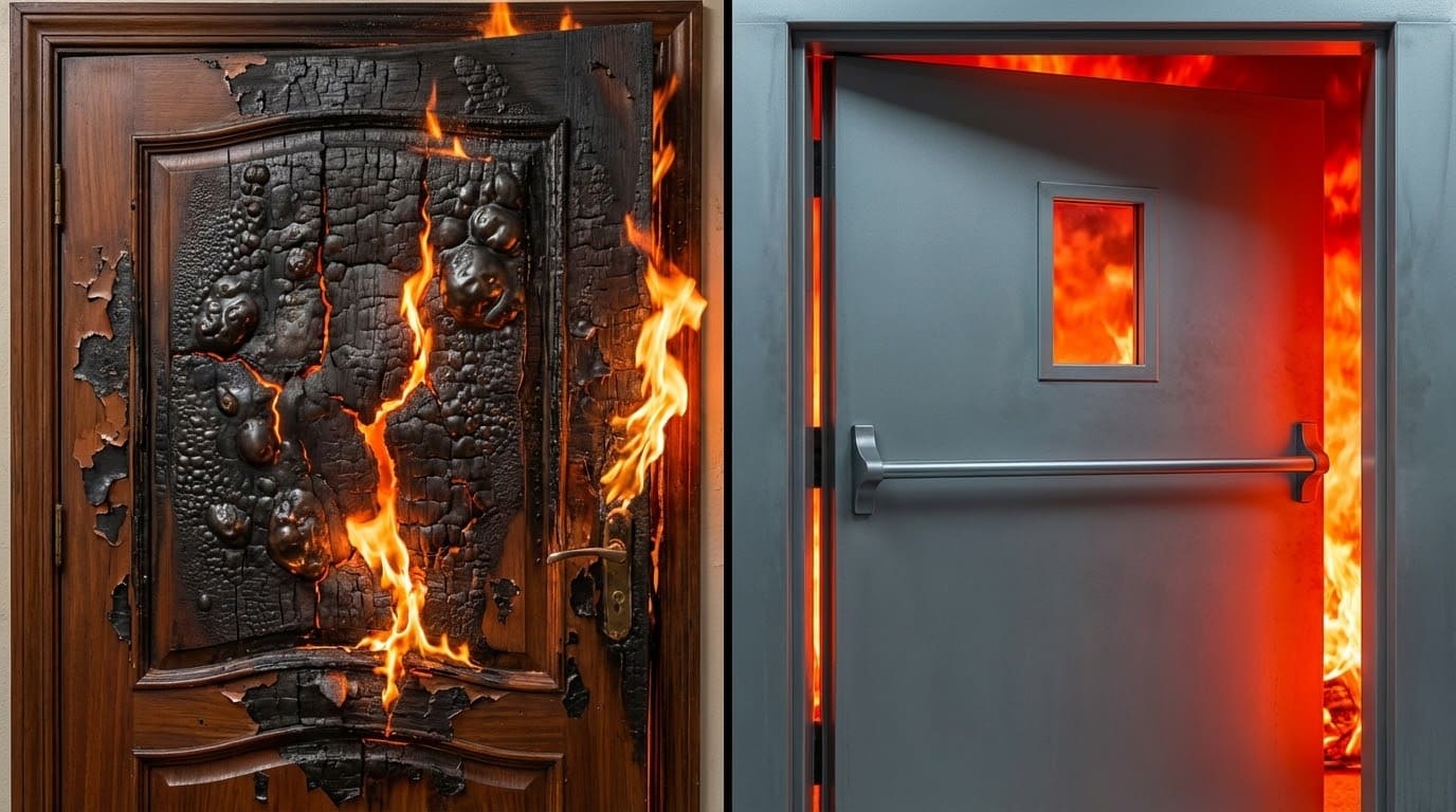Порівняння стійкості протипожежних металевих дверей та звичайних дерев'яних конструкцій під час пожежі