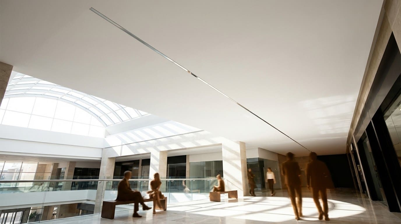 Сучасний атріум ТРЦ де встановлюються приховані автоматичні протипожежні штори