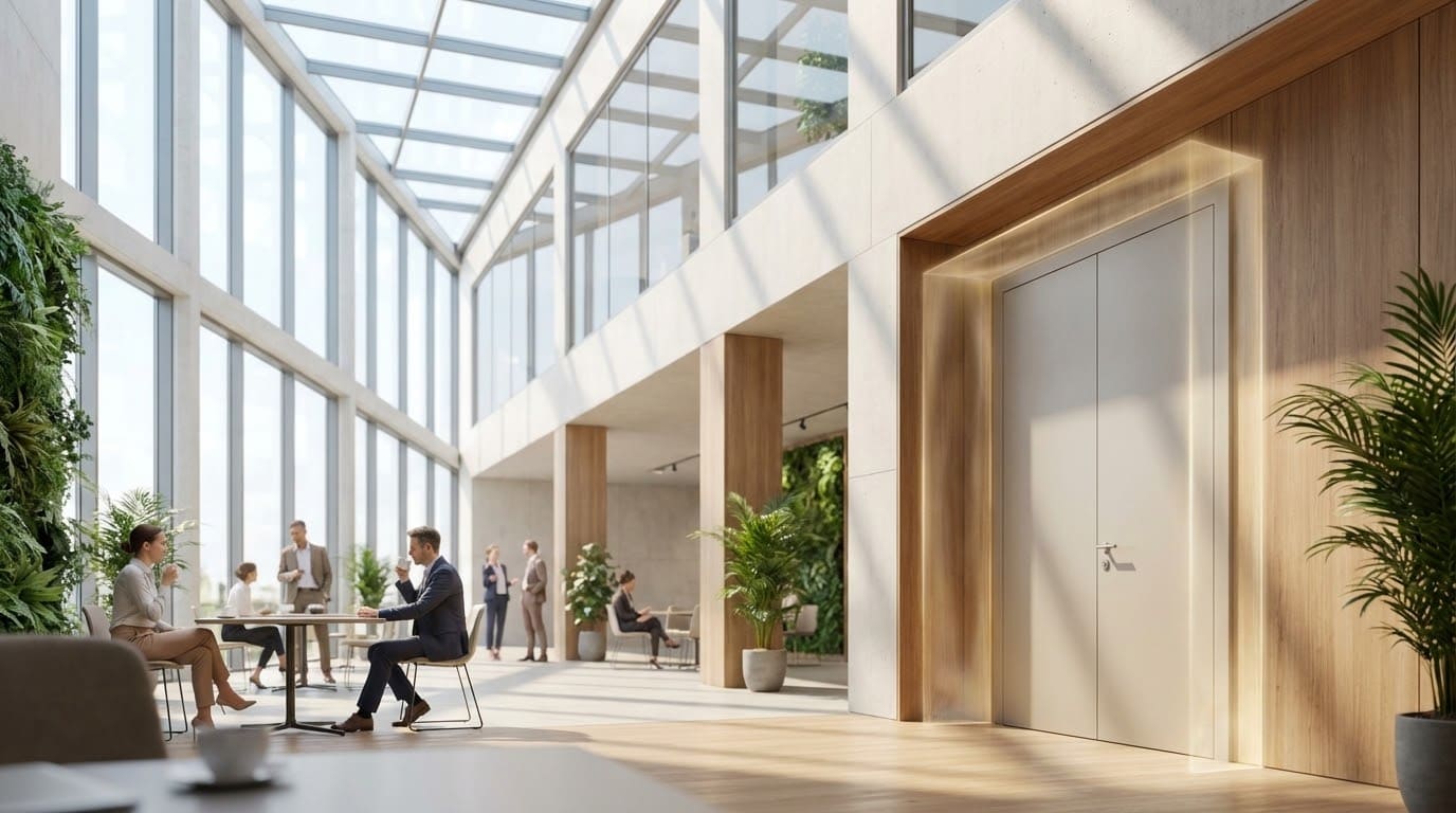 Інтеграція протипожежних дверей у сучасний інтер'єр офісного центру з панорамним склінням