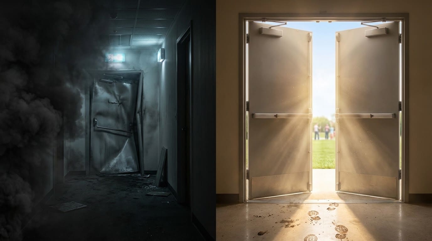 Порівняння заблокованого задимленого виходу та безпечної евакуації через відкриті двостулкові протипожежні двері з системою антипаніка