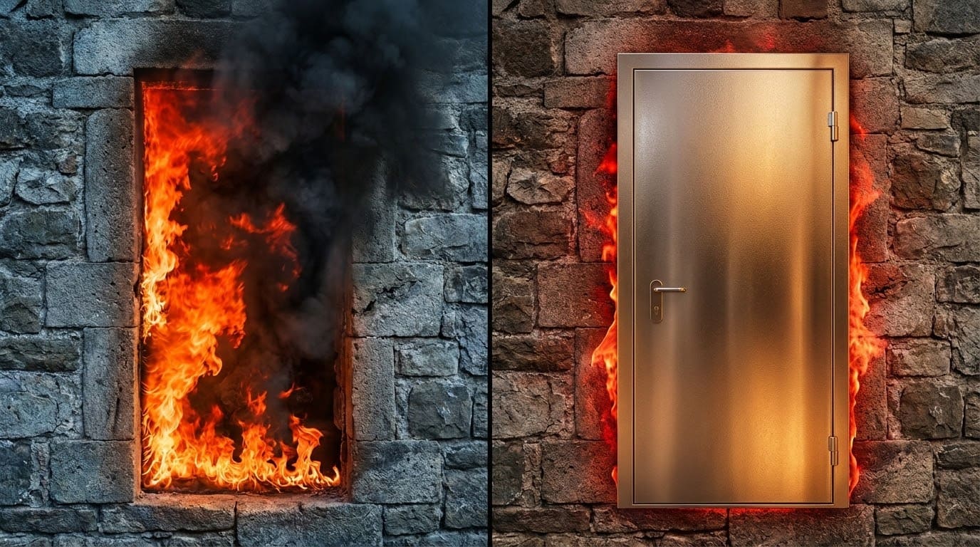Коллаж: слева — каменный дверной проем, из которого вырывается огонь и черный дым; справа — закрытая огнестойкая дверь, сдерживающая пламя