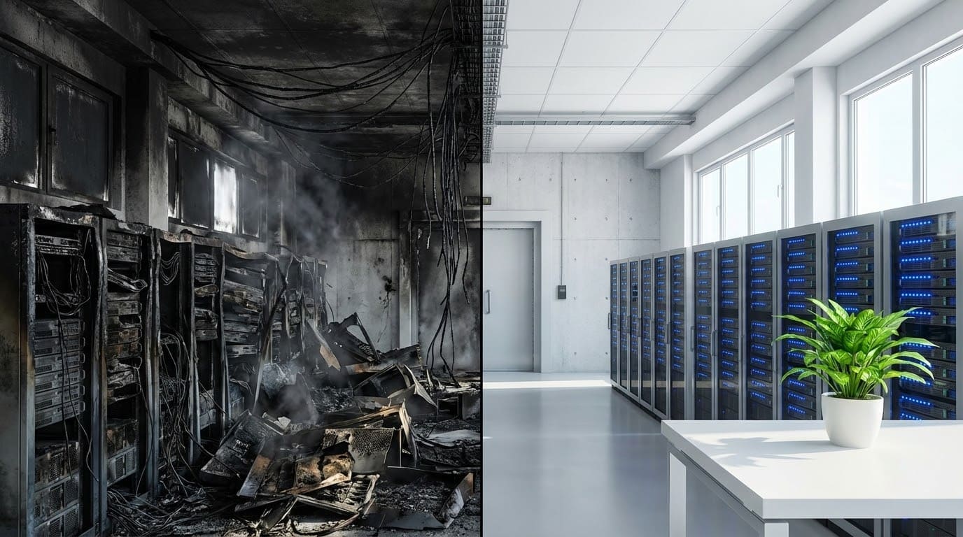 Наслідки пожежі в серверній без захисту та сучасний дата-центр з протипожежними перегородками