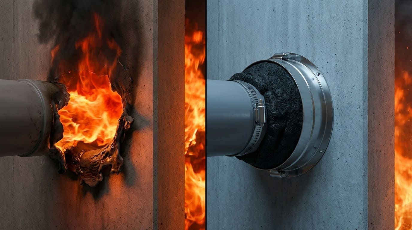 "Принцип роботи протипожежної муфти: блокування вогню при плавленні пластикової труби"