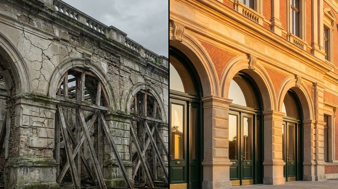 Реконструкція фасаду історичної будівлі з установкою протипожежних дверних груп за нормами ДБН