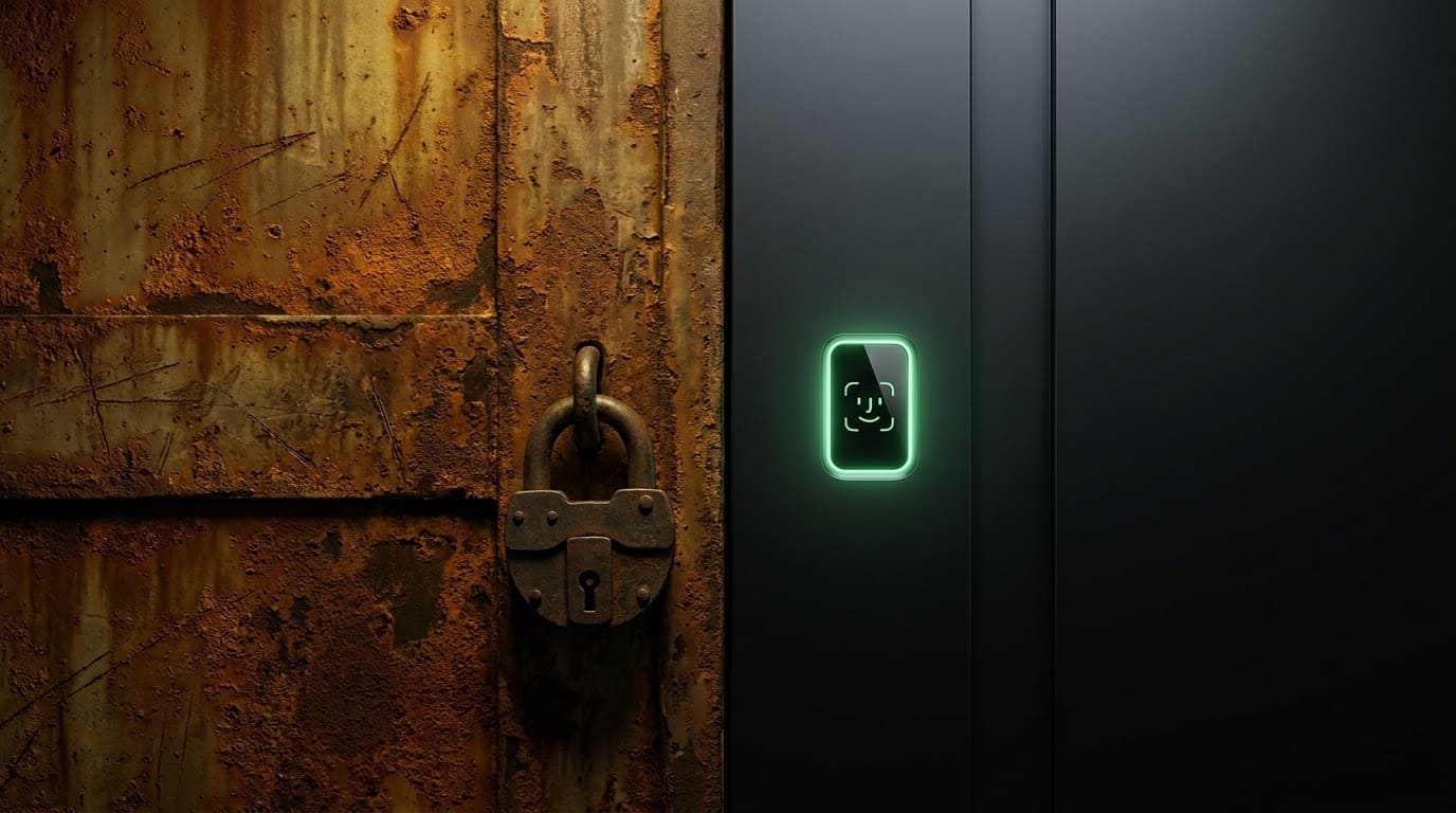 Порівняння старих дверей із замком та сучасних протипожежних дверей з біометричним сканером