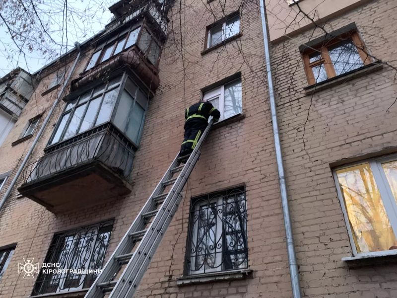 Пожарный ГСЧС Кировоградской области поднимается по выдвижной лестнице в окно второго этажа жилого дома для оказания помощи.