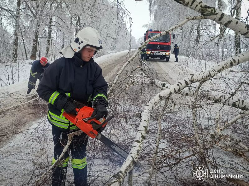 Спасатель ГСЧС бензопилой распиливает упавшее из-за гололеда дерево на дороге в Винницкой области. На заднем плане спецтехника и обледенелый зимний лес.