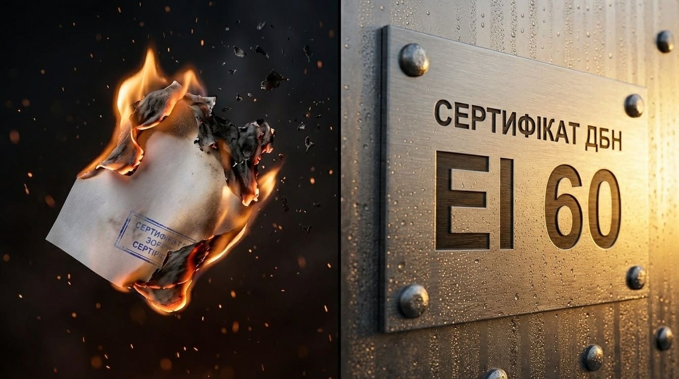 Коллаж с горящей бумагой и металлической табличкой на дверях с надписью Сертификат ДБН EI 60, символизирующей надежность огнестойких конструкций.
