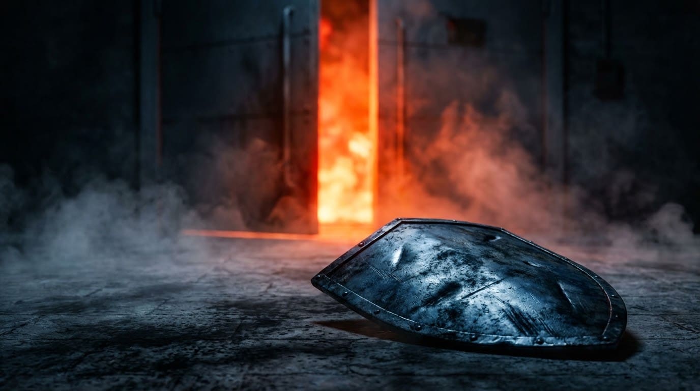 Метафорическое изображение стального щита в дыму как символ пассивной противопожарной защиты