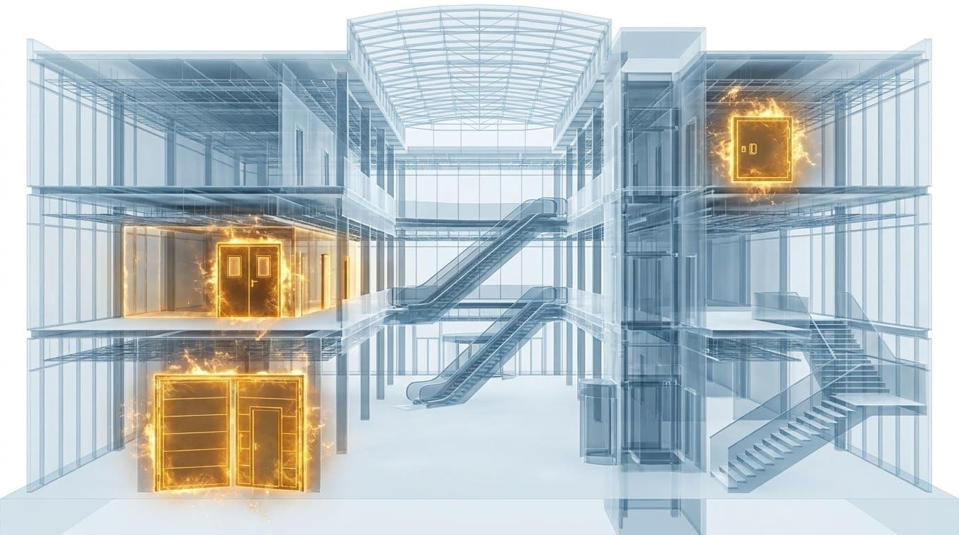 3D модель будівлі з позначенням протипожежних дверей як вогнестійких перешкод.