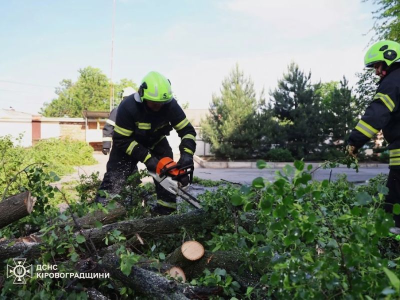 Співробітники ДСНС Кіровоградщини у захисному екіпіруванні розчищають проїжджу частину від повалених дерев за допомогою бензопили.
