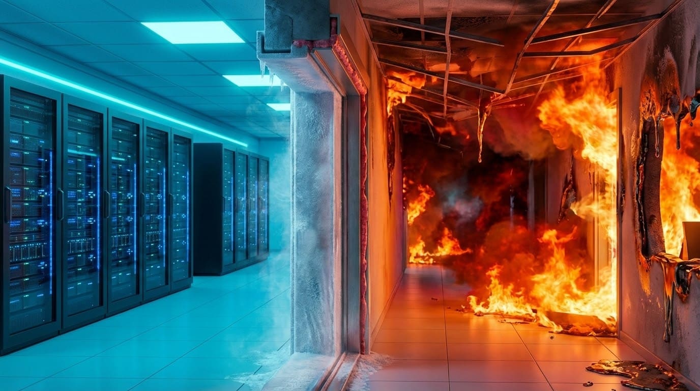 Інтер'єр сучасної серверної кімнати з рядами серверних стійок та системою охолодження.