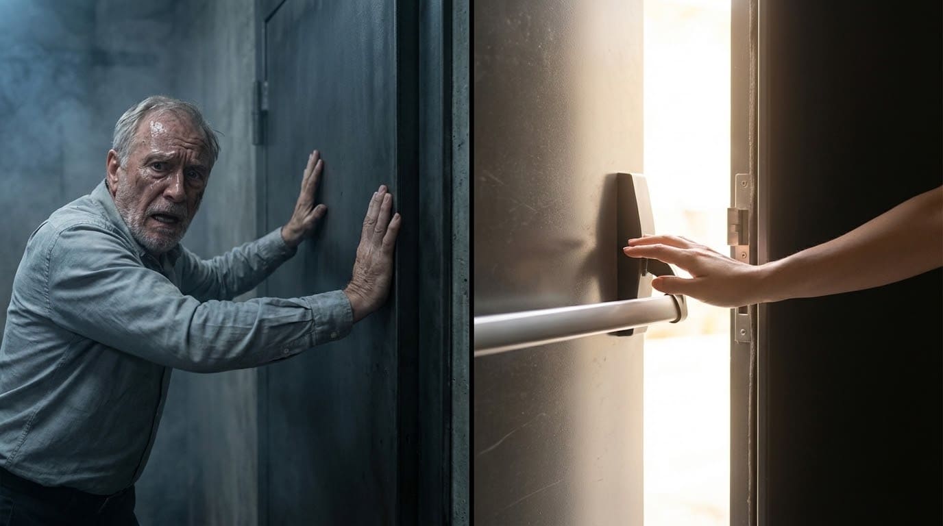 Коллаж: слева пожилой мужчина в отчаянии пытается оттолкнуть закрытую дверь, справа — рука легко открывает противопожарную дверь при помощи горизонтальной штанги антипаника