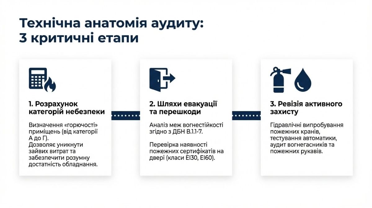 Інфографіка про три етапи пожежного аудиту: розрахунок категорій небезпеки приміщень, перевірка шляхів евакуації згідно з ДБН та ревізія засобів активного захисту (гідравлічні випробування кранів, аудит вогнегасників та автоматики).