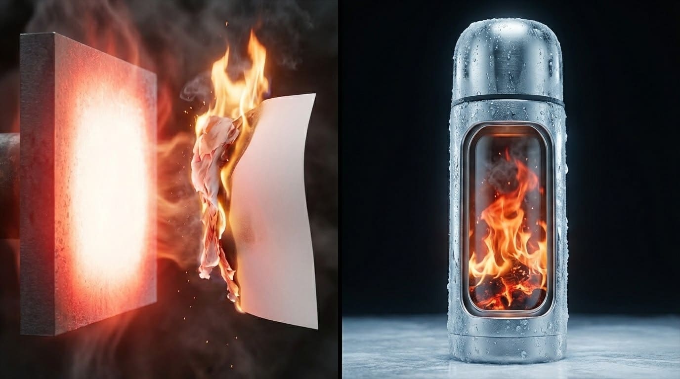 Коллаж: слева лист бумаги вспыхивает от жара раскаленной плиты, справа — пламя заблокировано внутри металлического термоса, покрытого каплями холодной воды